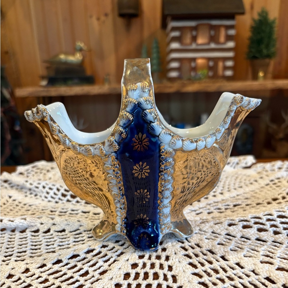 Gold Basket with detailed navy blue Panel German made Porcelain w/GERMAN marking
